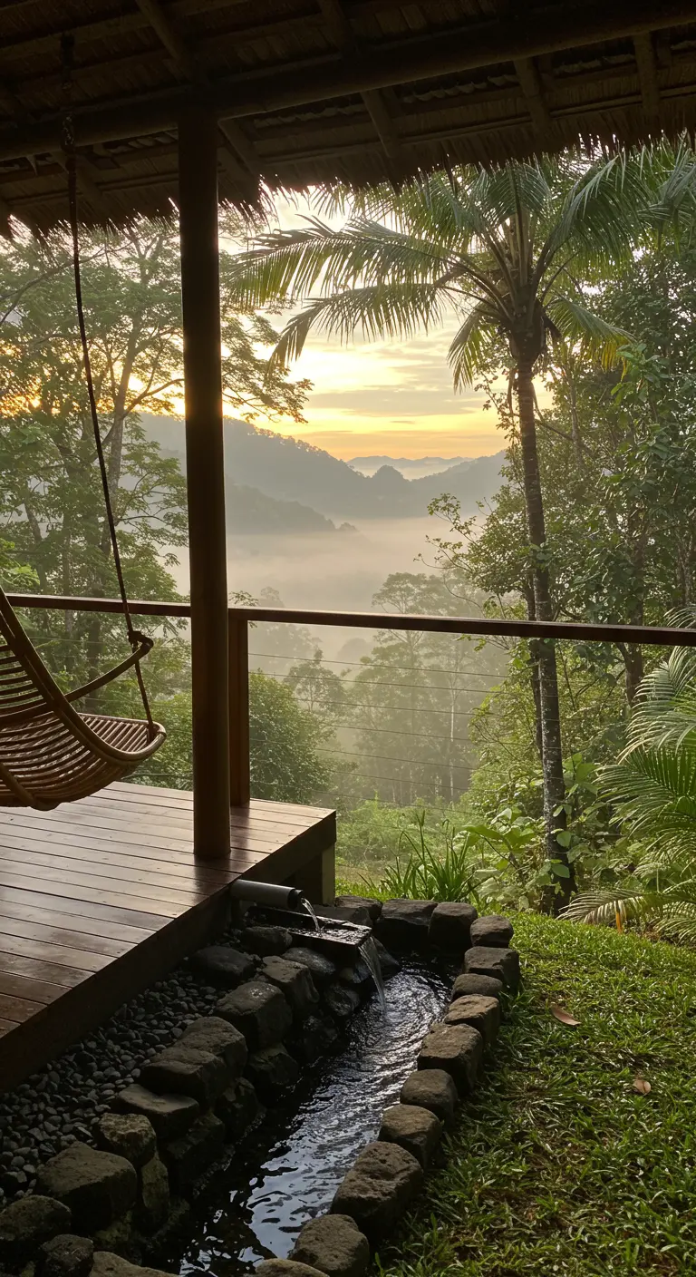 Rotan hangstoel op een houten veranda met uitzicht op een mistig berglandschap bij zonsopgang.