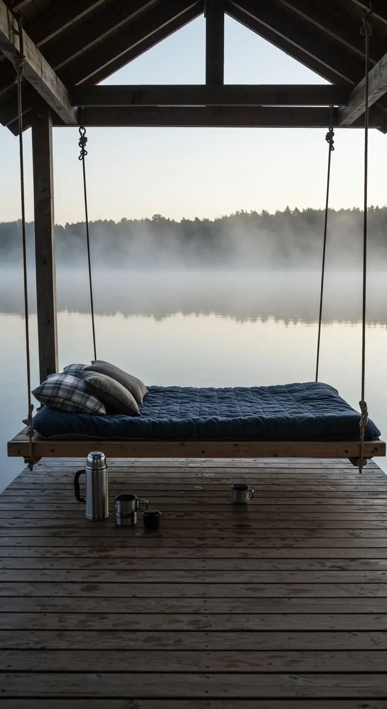 Houten daybed met blauw matras op een steiger, met uitzicht op een mistig meer.