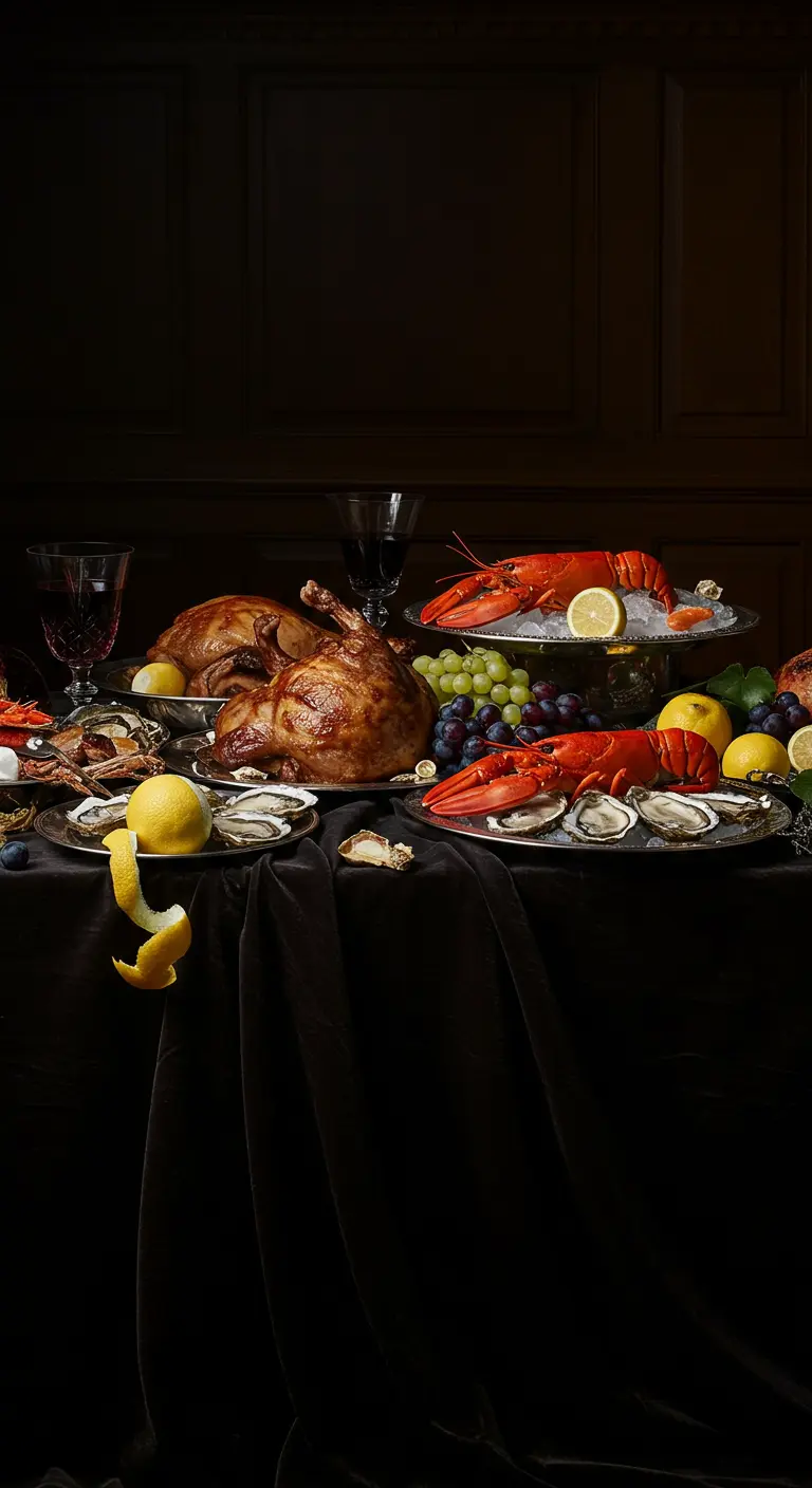 Rijkgevulde buffettafel met zeevruchten in een donkere, dramatische setting.