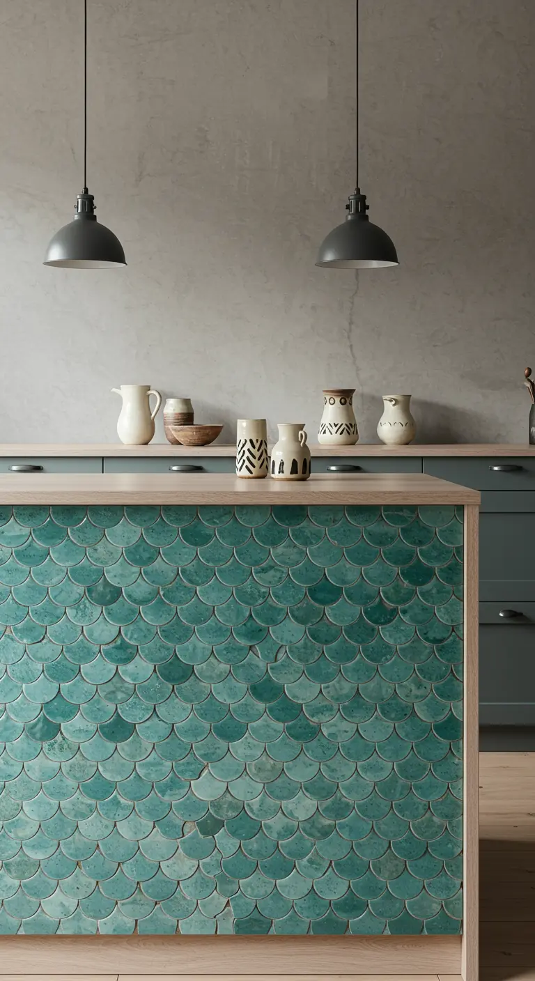 Kookeiland bekleed met turquoise visschubtegels in een keuken met betonnen muren.