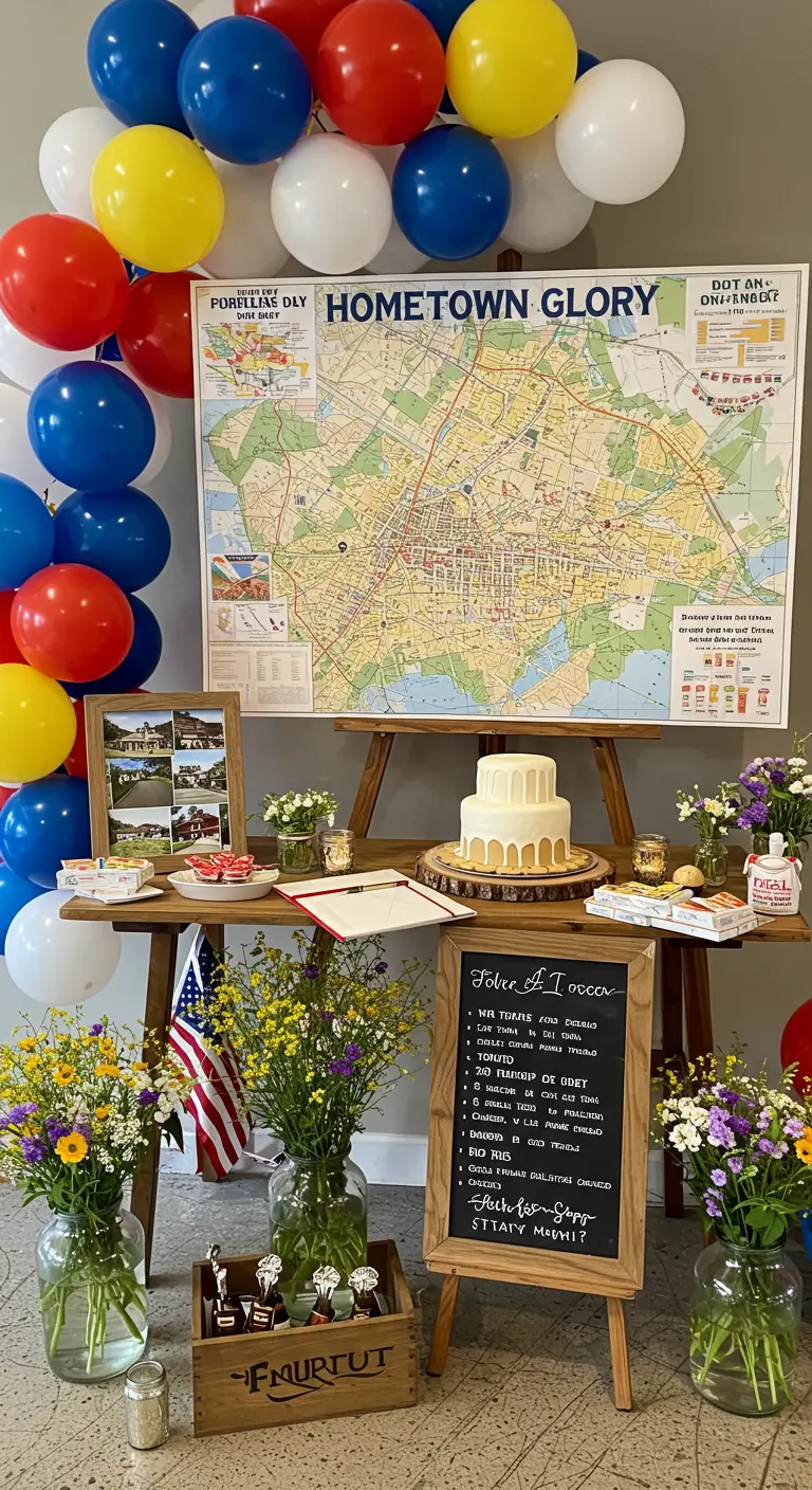 Buffettafel met een grote landkaart van een stad als achtergrond, versierd met ballonnen en bloemen.