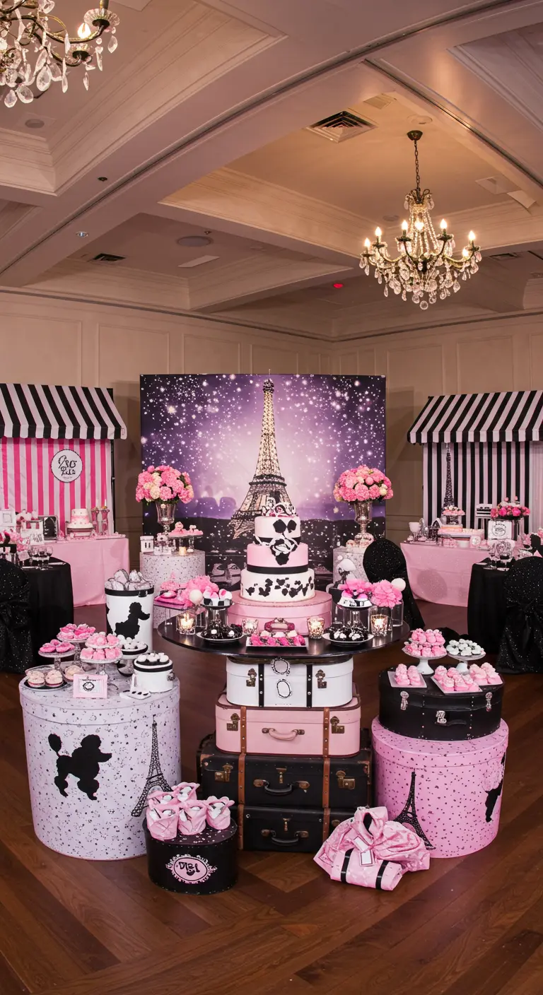 Parijs-thema met Eiffeltoren-backdrop, poedels en roze-zwarte decoraties.