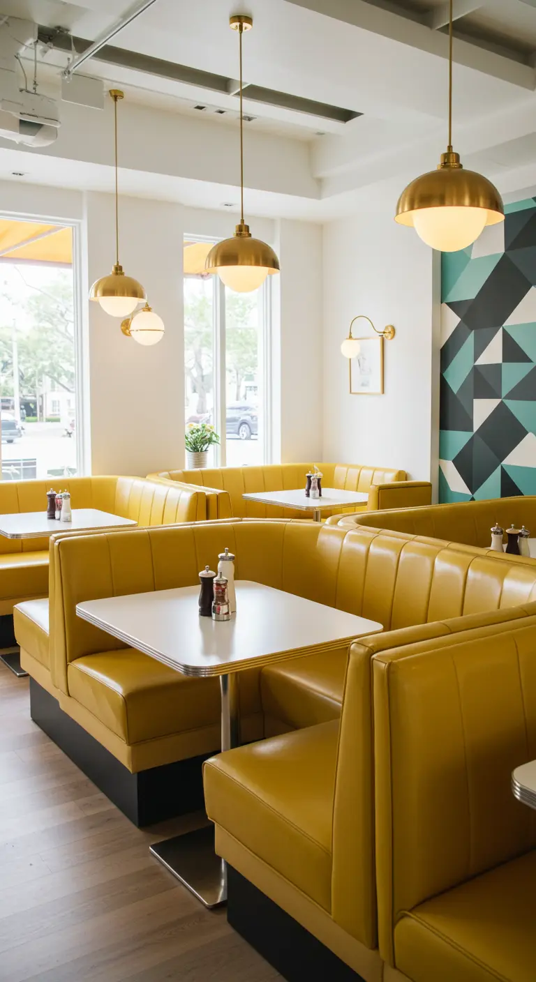 Diner met okergele banken, witte tafels en een geometrische muur.