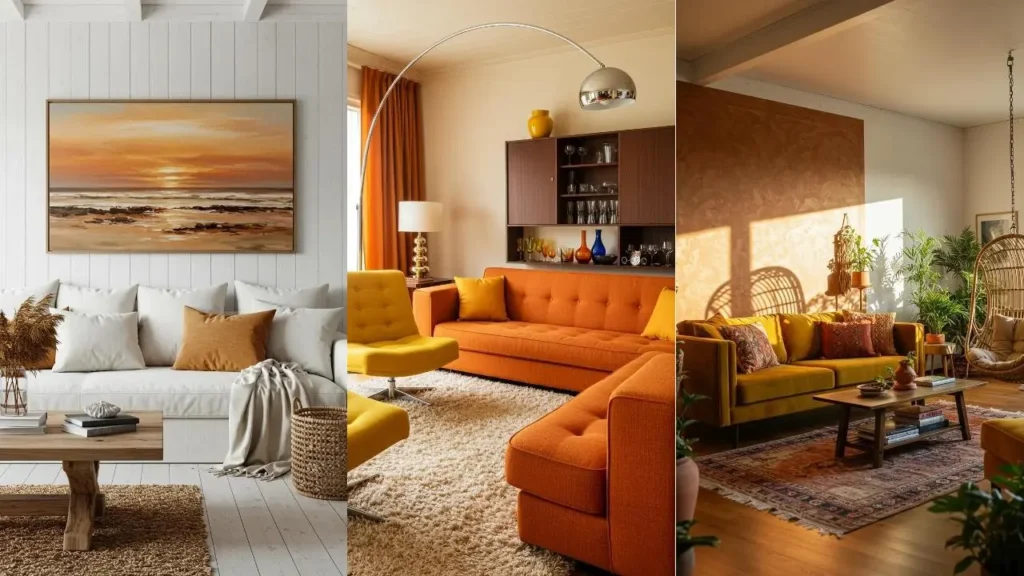 Meerdere woonkamers met sfeervolle okergele en terracotta meubels en decor, voor gloeiende combinaties.