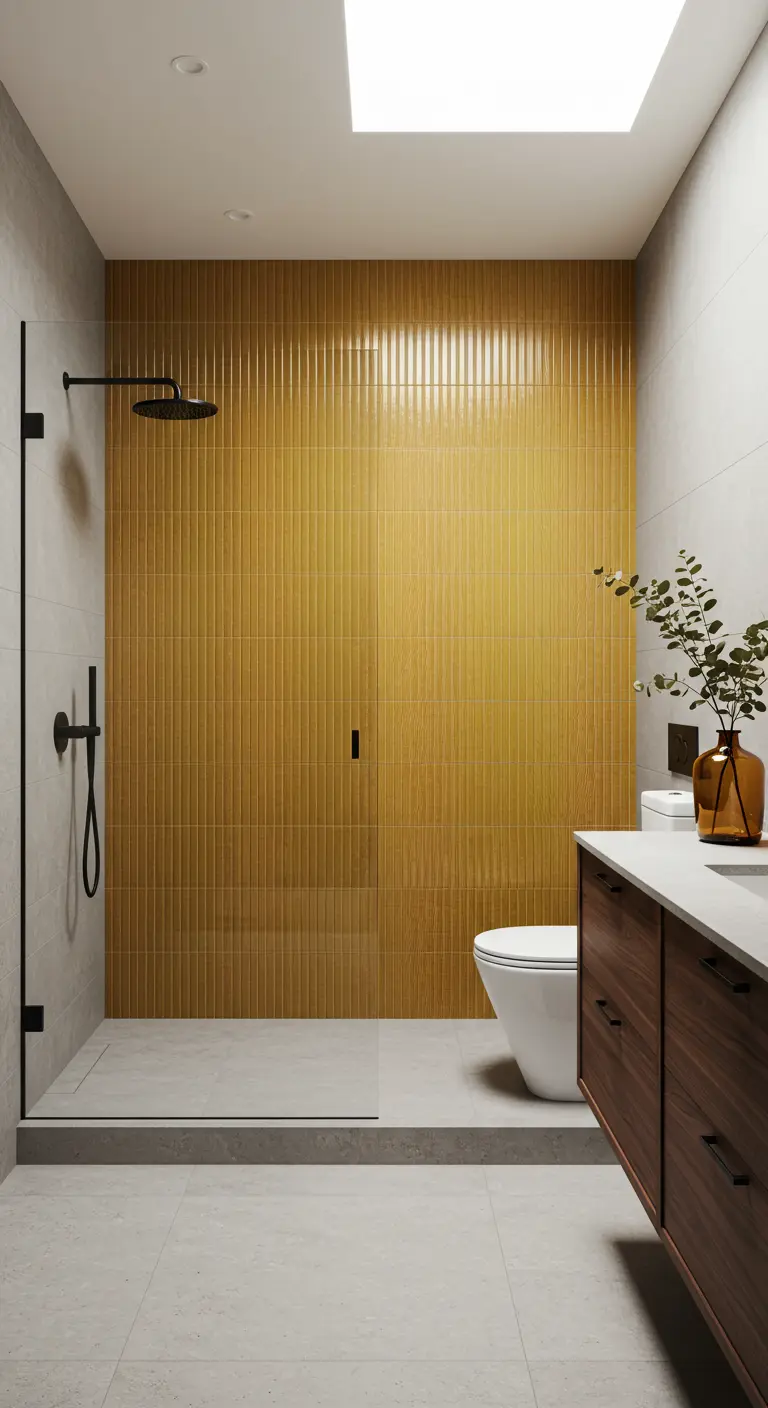 Moderne badkamer met een accentwand van geribbelde okergele tegels in de douche.