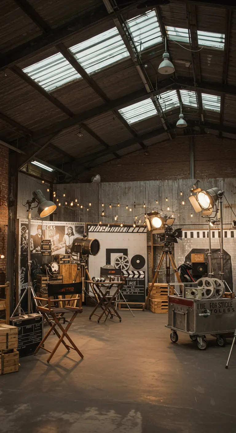 Oude filmstudio setting met grote studiolampen, filmrollen en houten kratten.