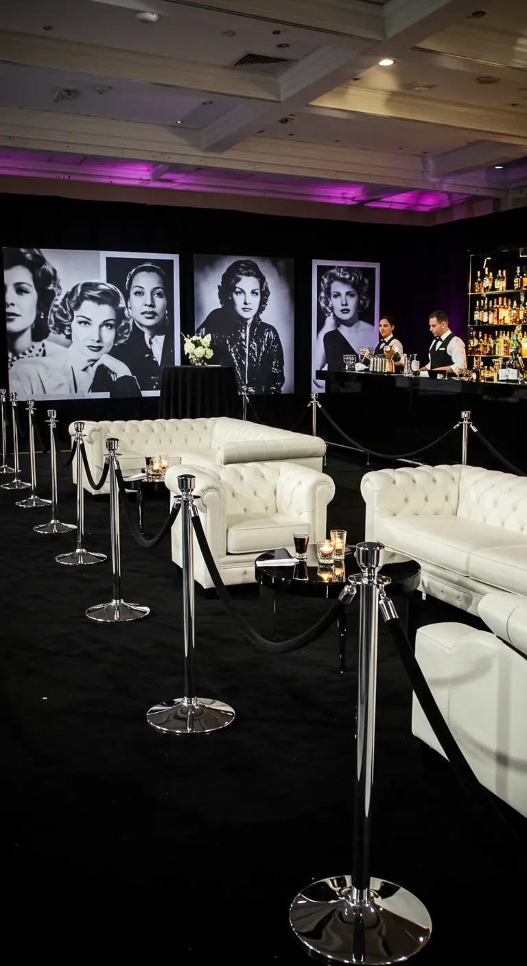 VIP-lounge met witte banken, afzetpaaltjes en grote zwart-wit portretten van filmsterren.