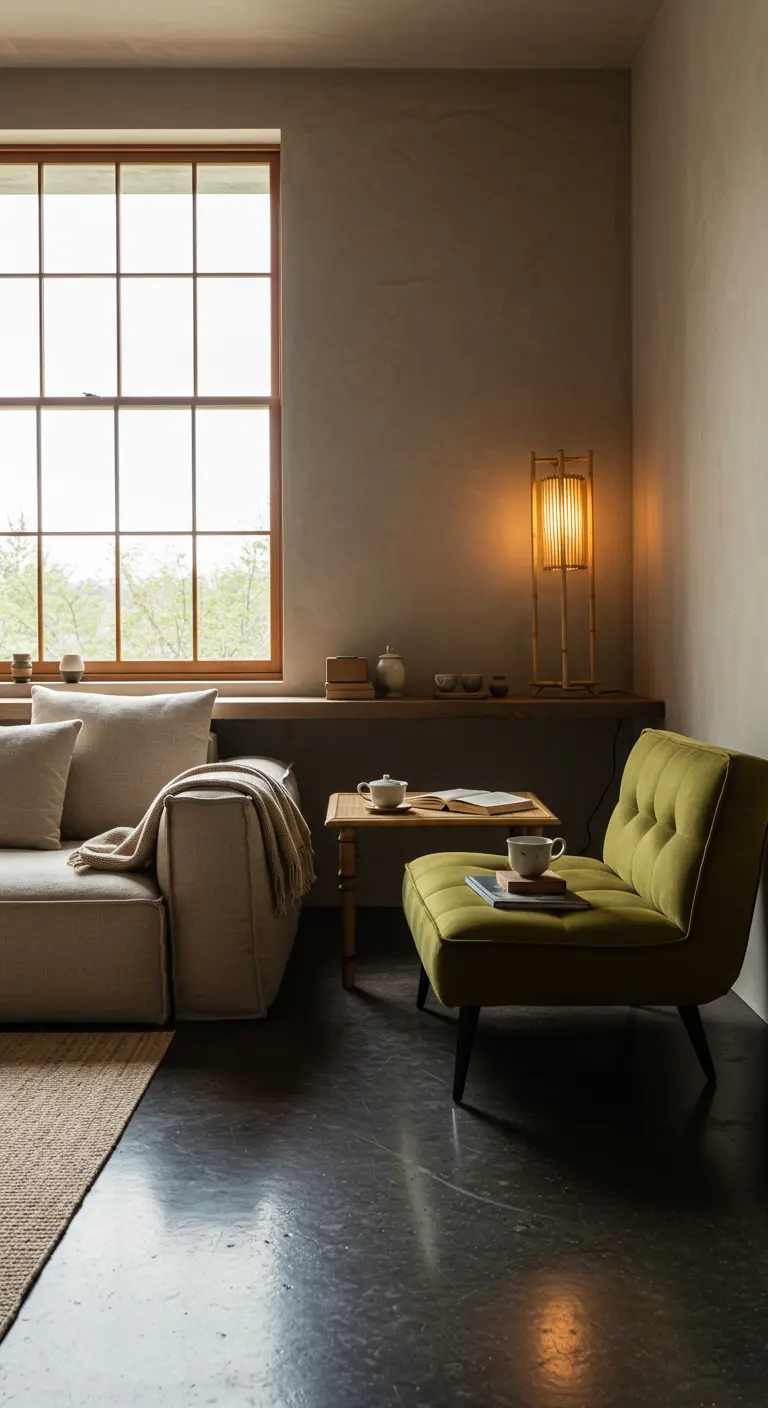 Woonkamer met olijfgroene fauteuil, bamboe vloerlamp en lage salontafel