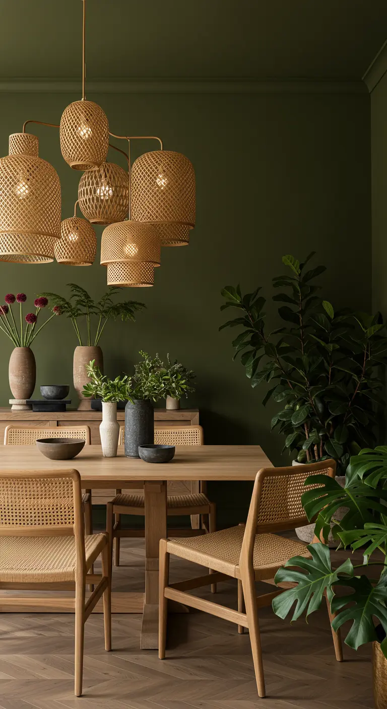 Eetkamer met olijfgroene muren, een cluster van rotan lampen en houten meubels.