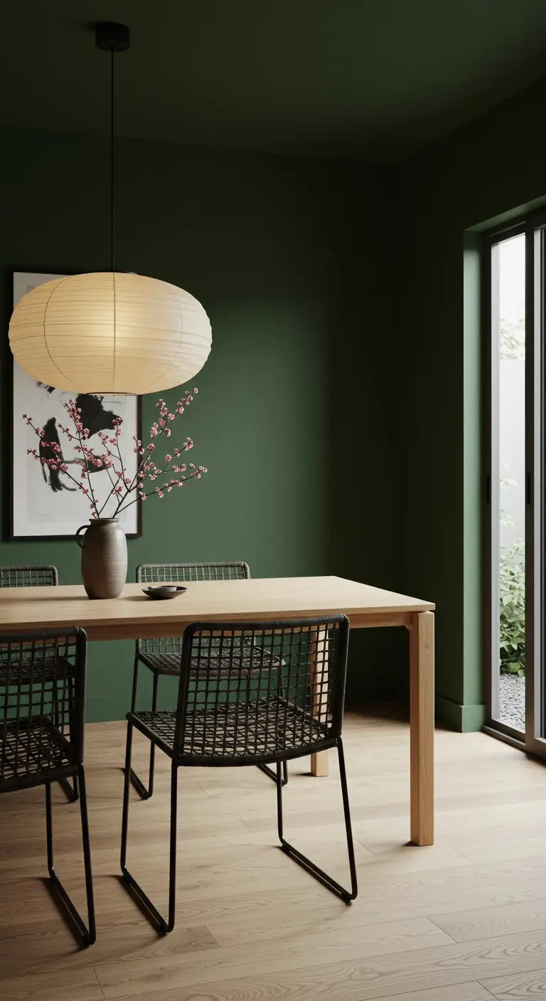 Minimalistische eethoek met diepgroene muren, een lichte houten tafel en een papieren hanglamp.