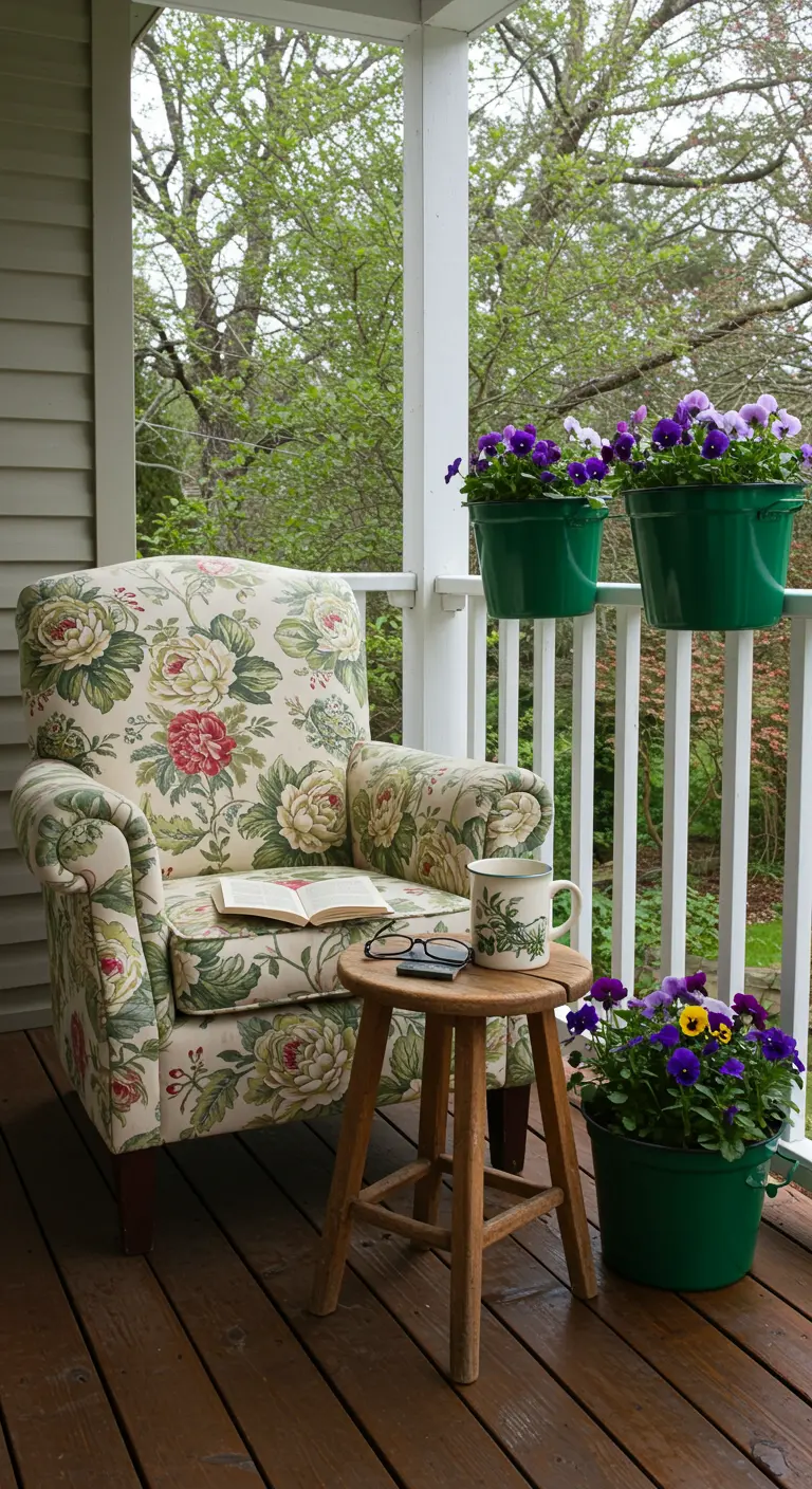 Beschutte veranda met een comfortabele fauteuil met rozenprint en groene emaille potten met violen.