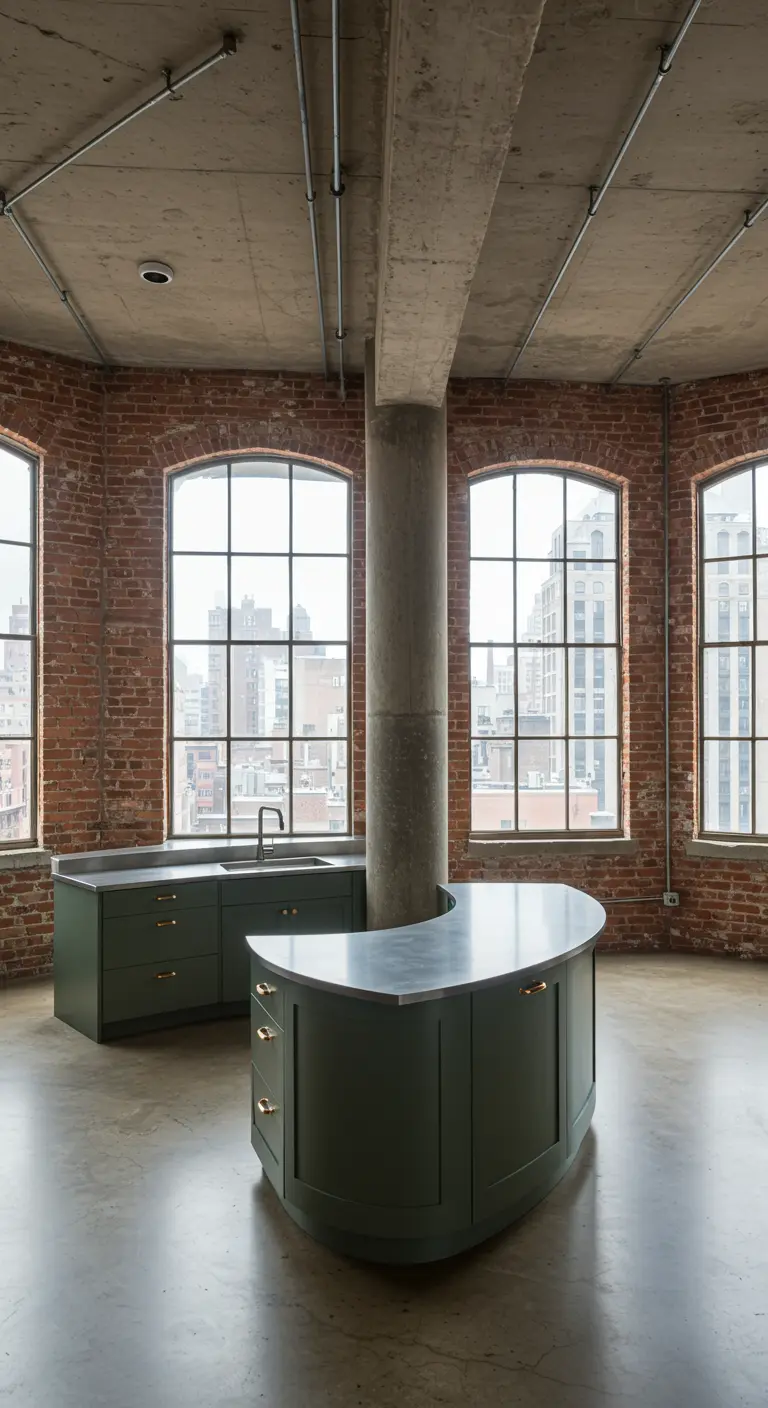 Groen, gebogen kookeiland dat om een betonnen pilaar in een loft is gebouwd.