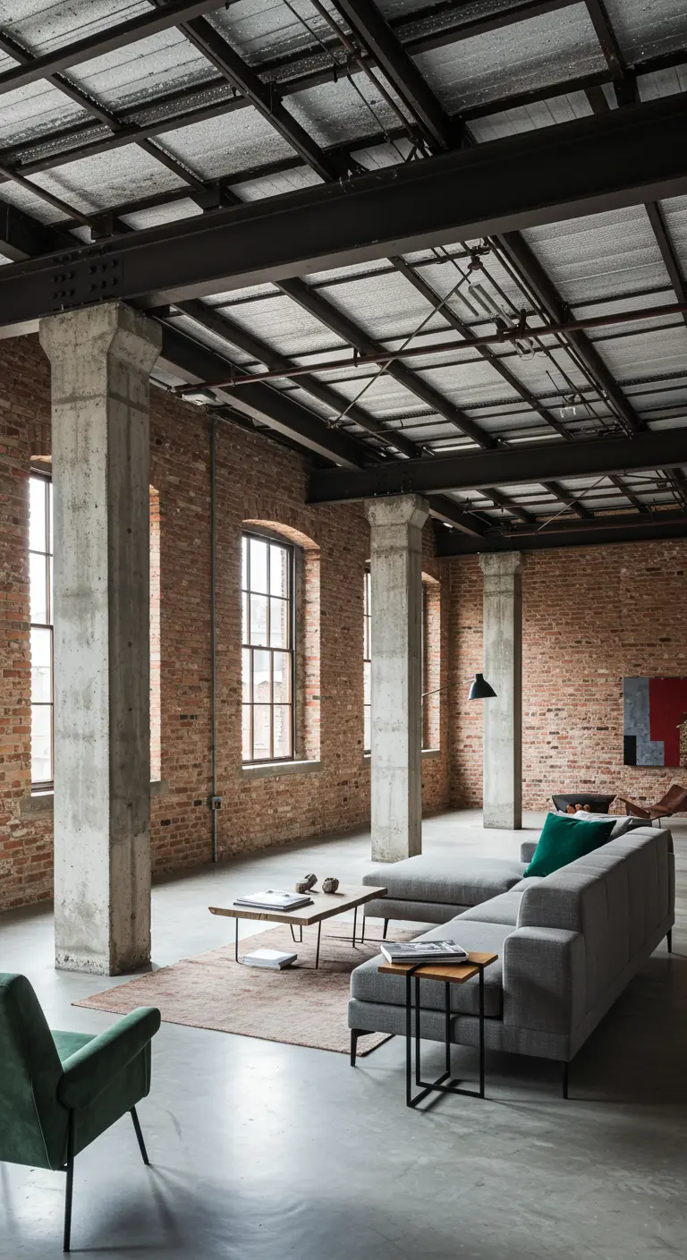 Ruime loft met betonnen pilaren die de zithoek met een grijze bank definiëren.