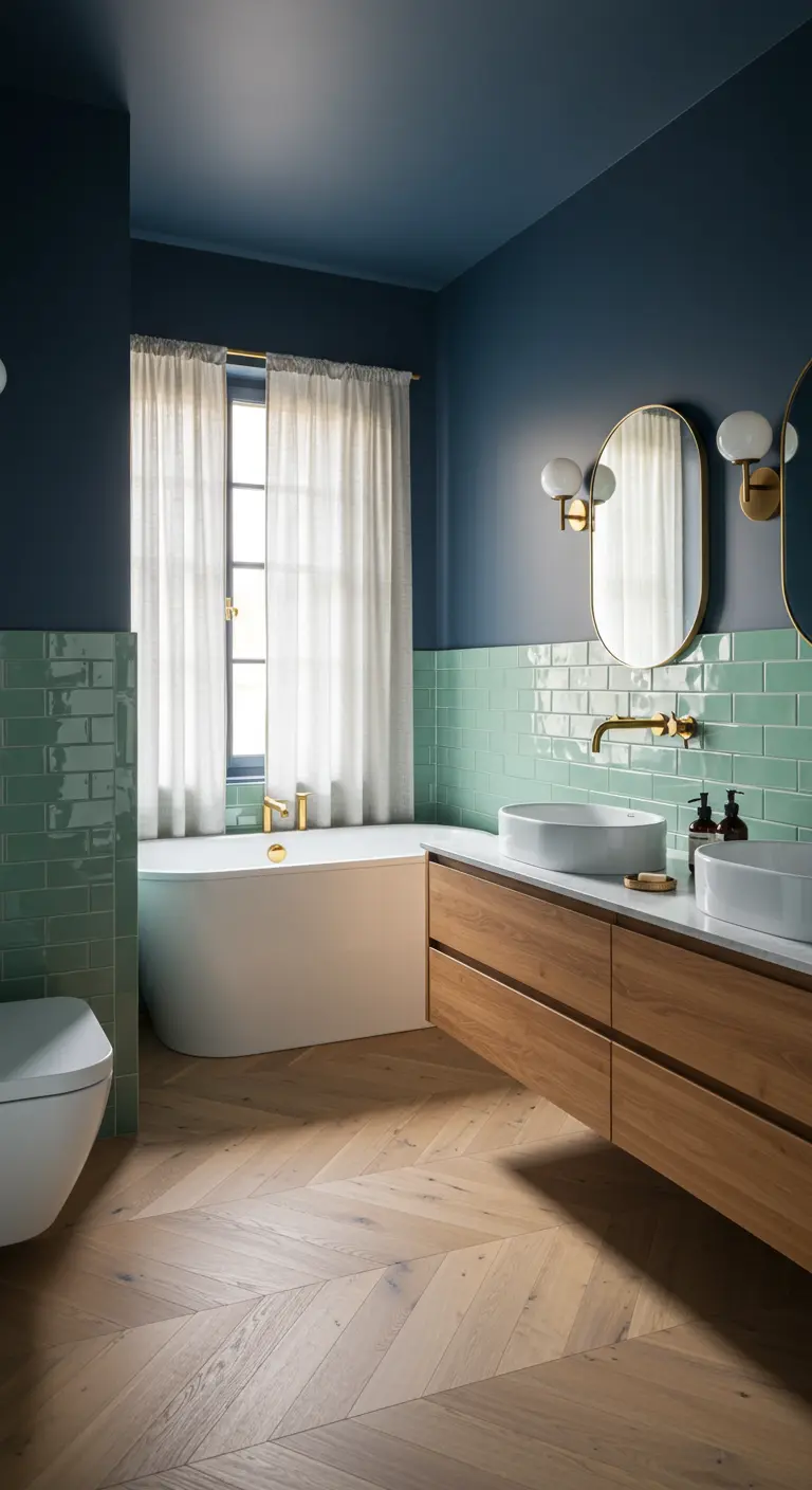 Badkamer met marineblauwe muren, mintgroene tegels en een houten wastafelmeubel.