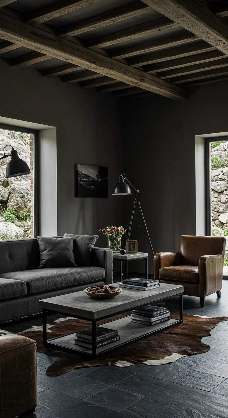 Donkergrijze woonkamer met een betonnen tafel, leren fauteuil en koeienhuid.