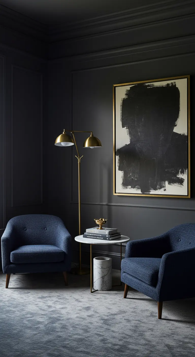 Chique donkere zithoek met twee blauwe fauteuils, een gouden lamp en een groot abstract schilderij.