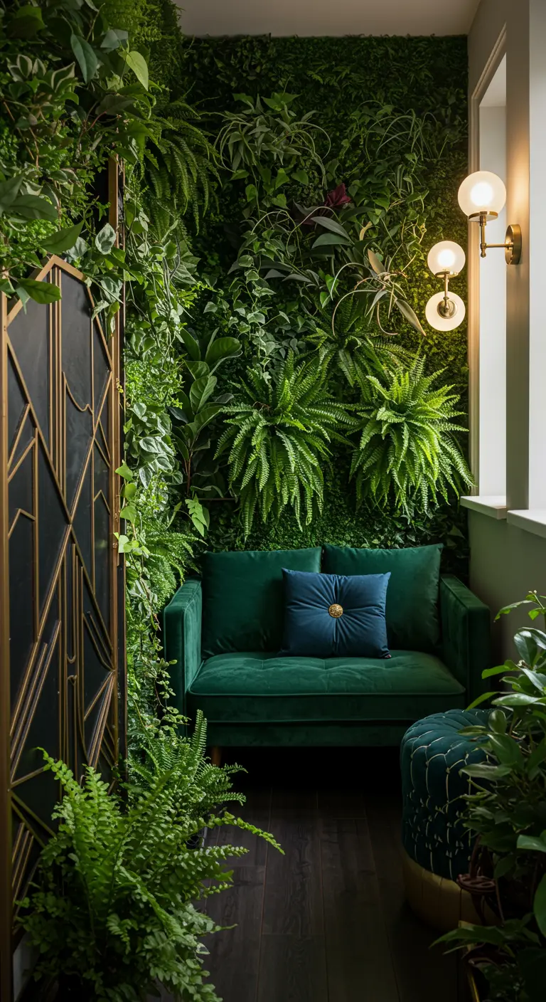 Smal balkon omgetoverd tot een jungle met een volledige plantenwand en een groene fluwelen bank.