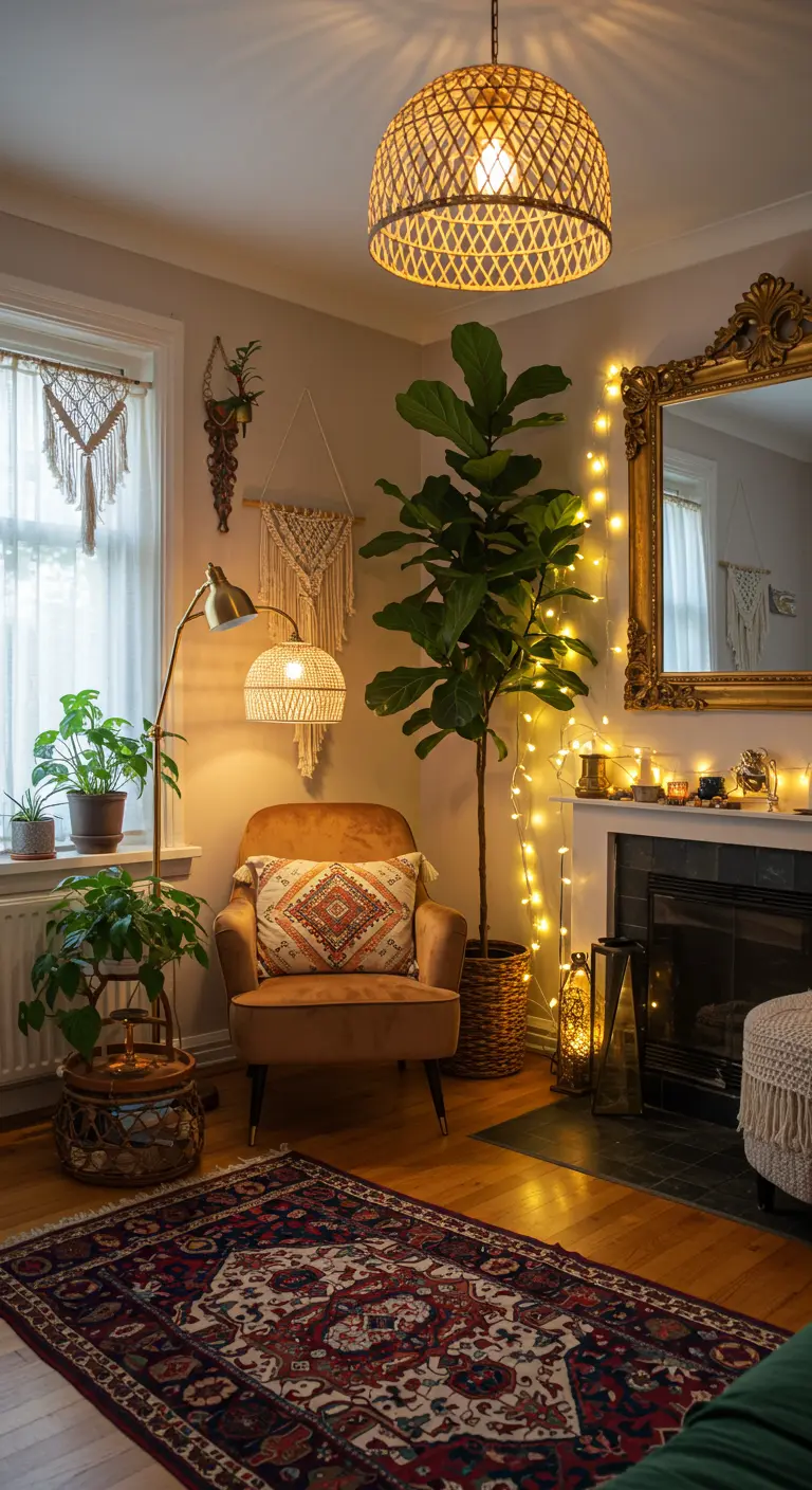 Bohemian woonkamer met rotan lamp, lichtslingers en een grote spiegel.