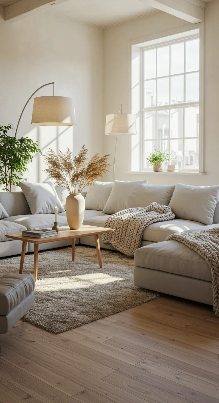 Lichte woonkamer met beige bank, pluizig vloerkleed, houten salontafel en pampasgras in vaas.
