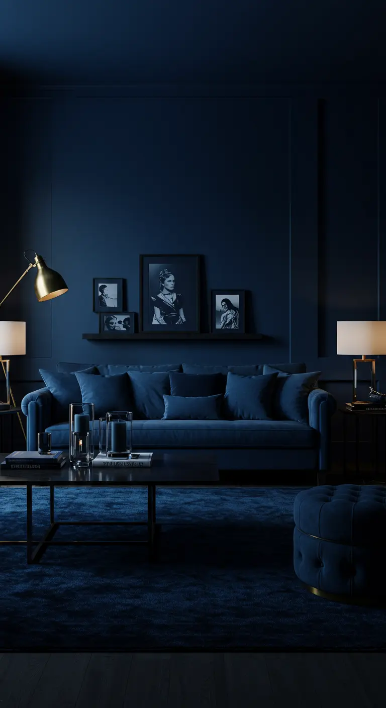 Donkerblauwe woonkamer met een fluwelen bank en een gouden staande lamp.