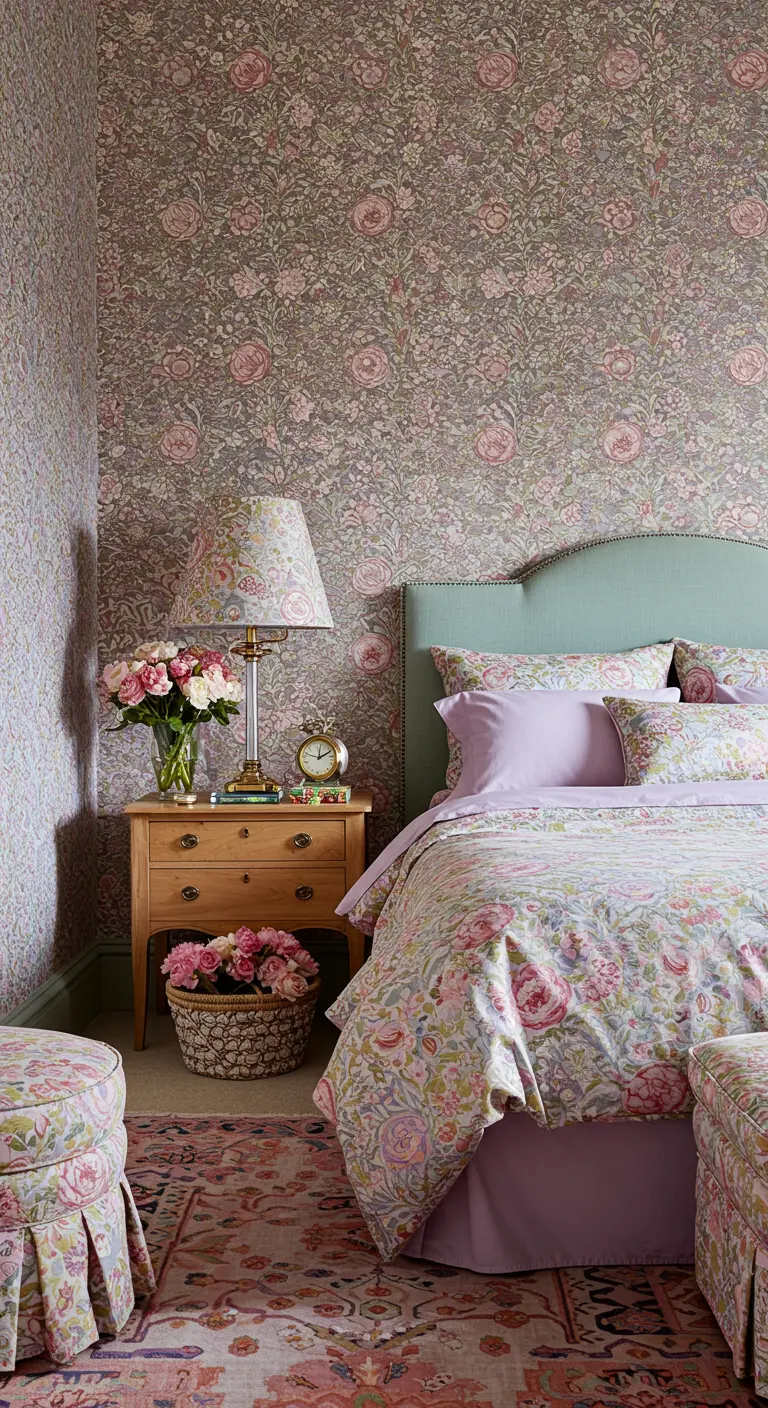 Knusse slaapkamer met bloemenbehang, een bijpassende lampenkap en een bed met rozenprint.