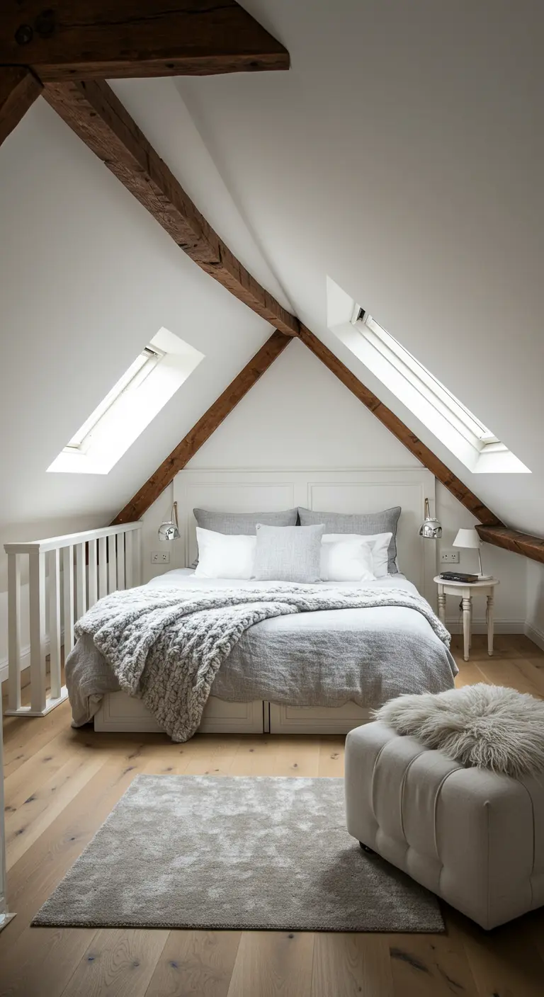 Zolderslaapkamer met zichtbare houten balken, dakramen en een laag bed met grijze plaids.