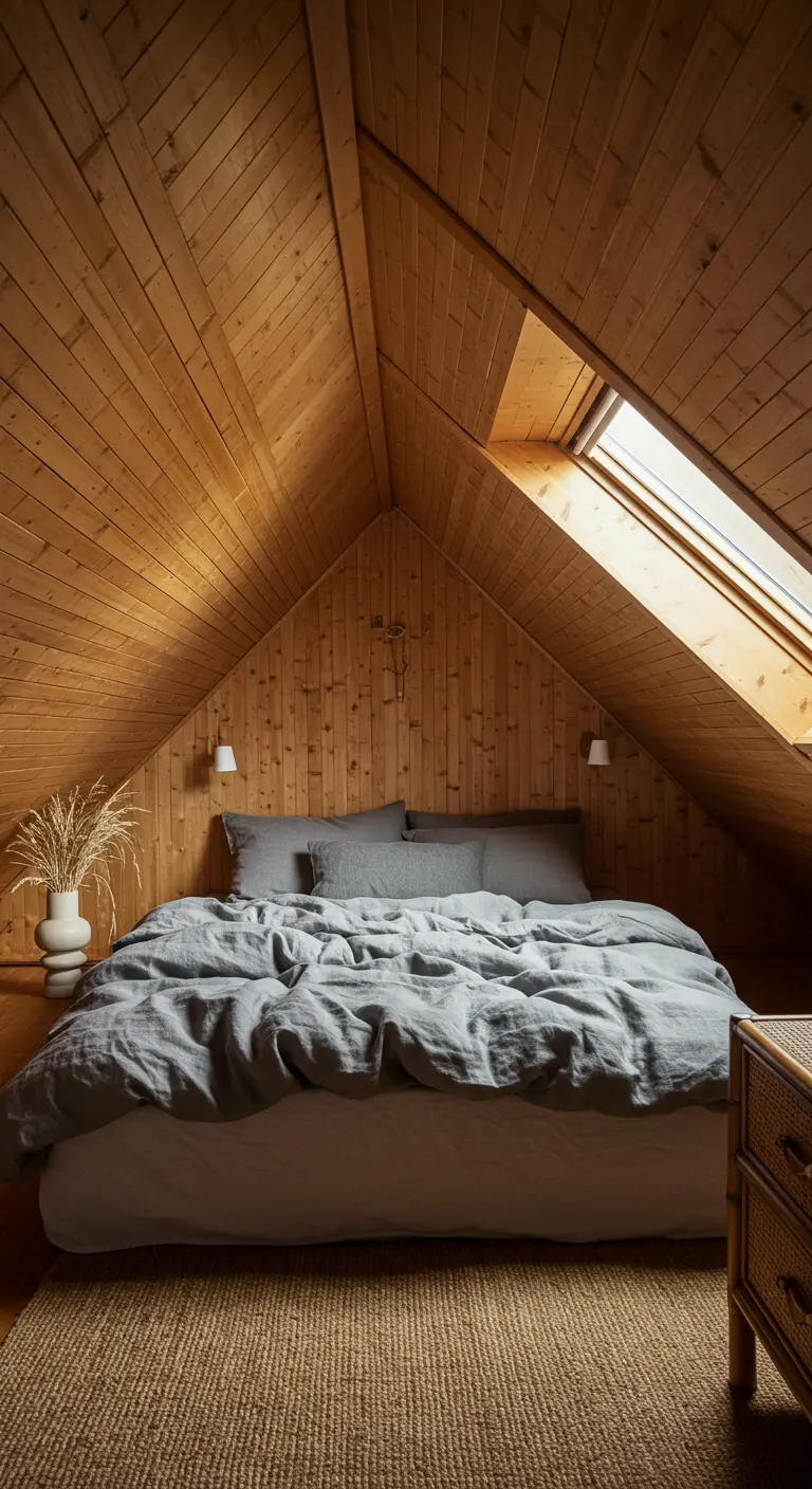 Zolderslaapkamer met houten wanden en plafond, en een laag bed met grijs linnen.