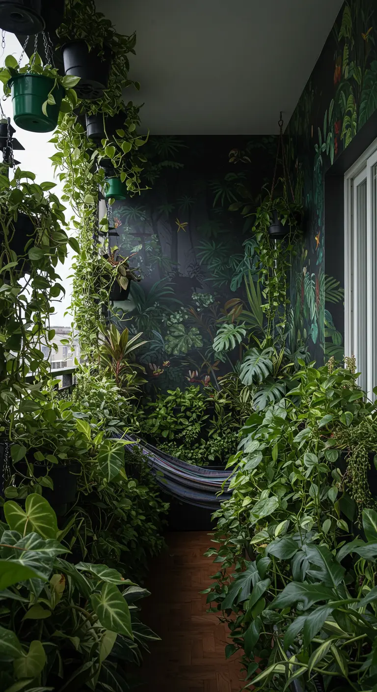 Balkon omgetoverd tot een dichte jungle met een donkere plantenmuurschildering en hangmat