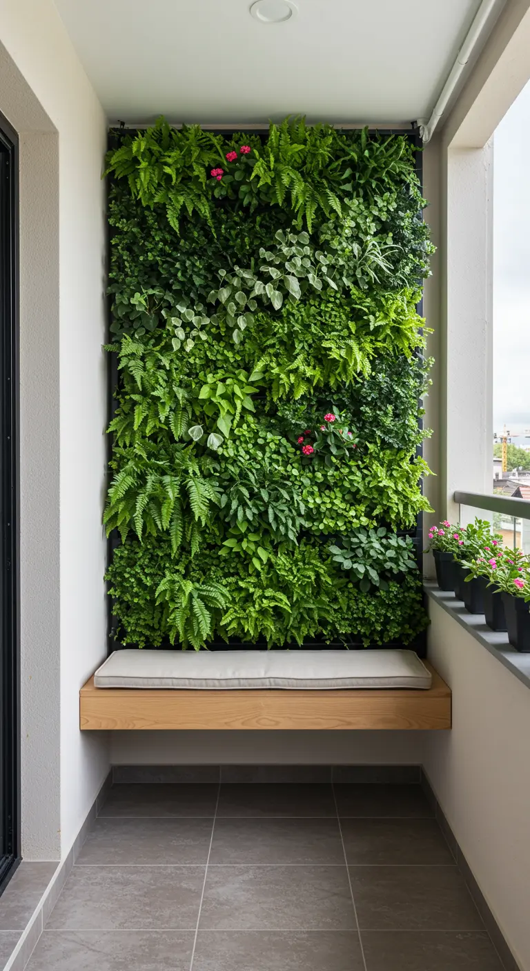 Zwevende houten bank voor een weelderige verticale plantenmuur op een balkon.