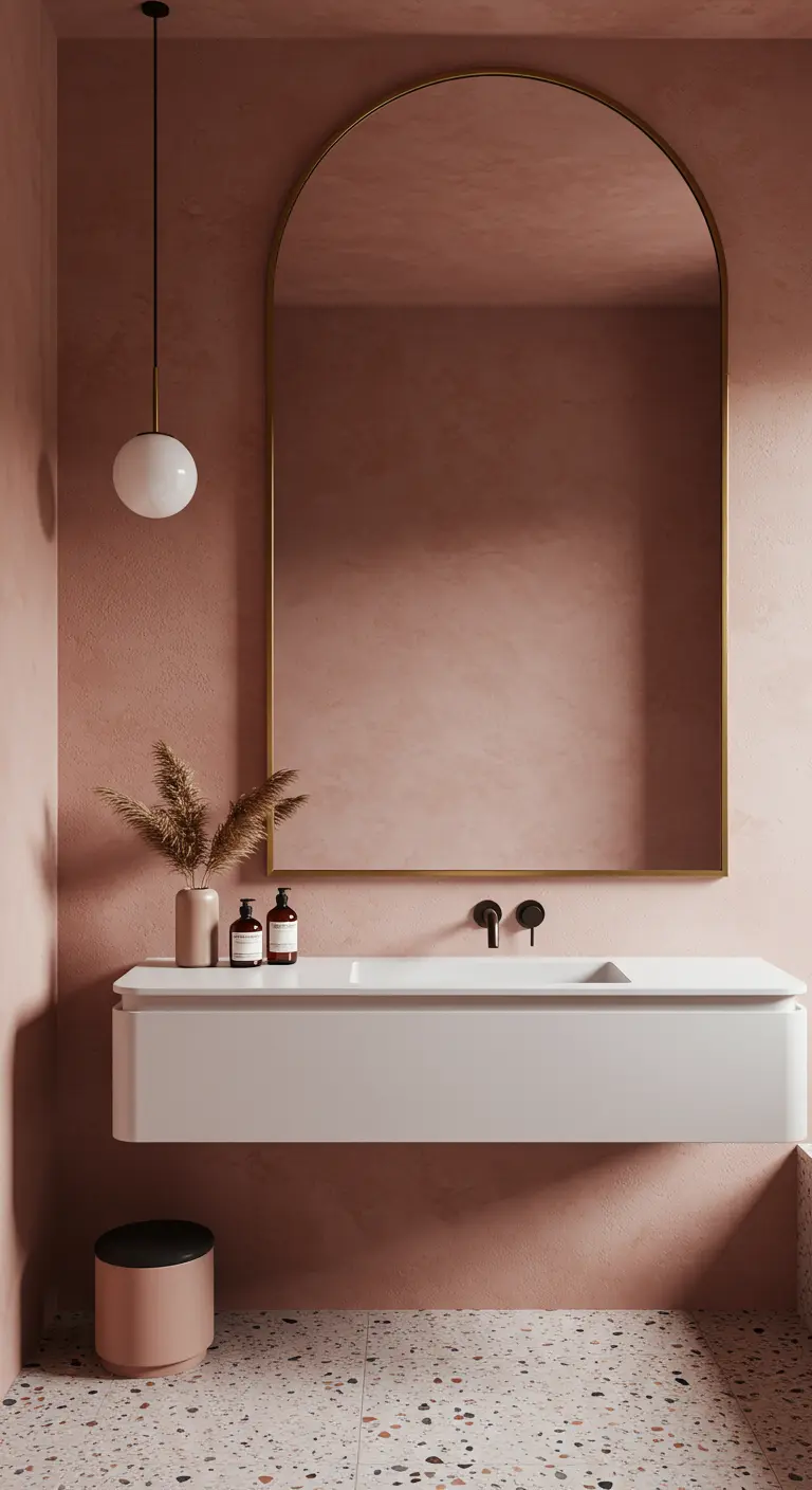 Badkamer met poederroze muren, een grote boogspiegel in messing en een witte wastafel.