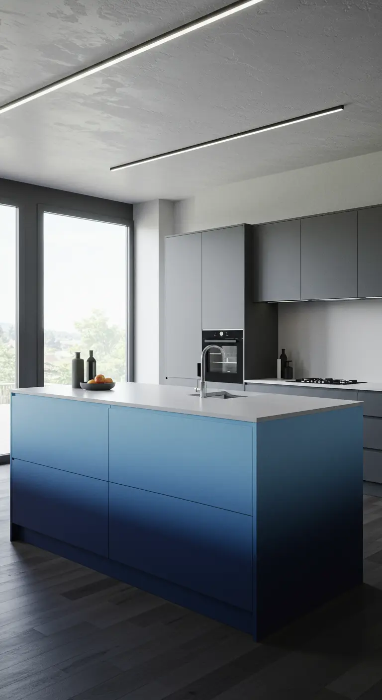 Grijze keuken met een kookeiland dat een ombré-effect heeft van donkerblauw naar lichtblauw.