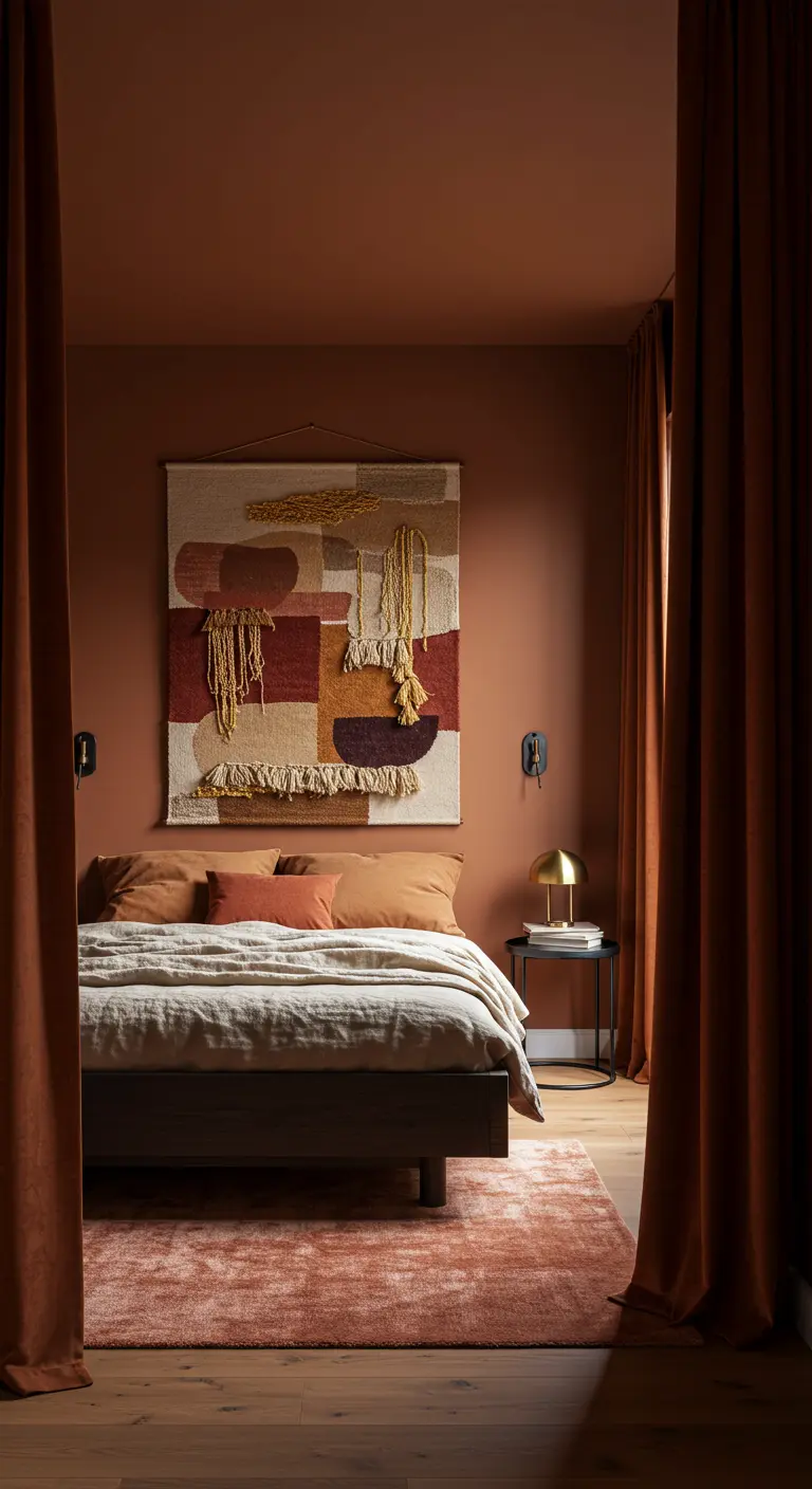 Slaapkamer met muren en gordijnen in terracotta fluweel en een geweven wandkleed.