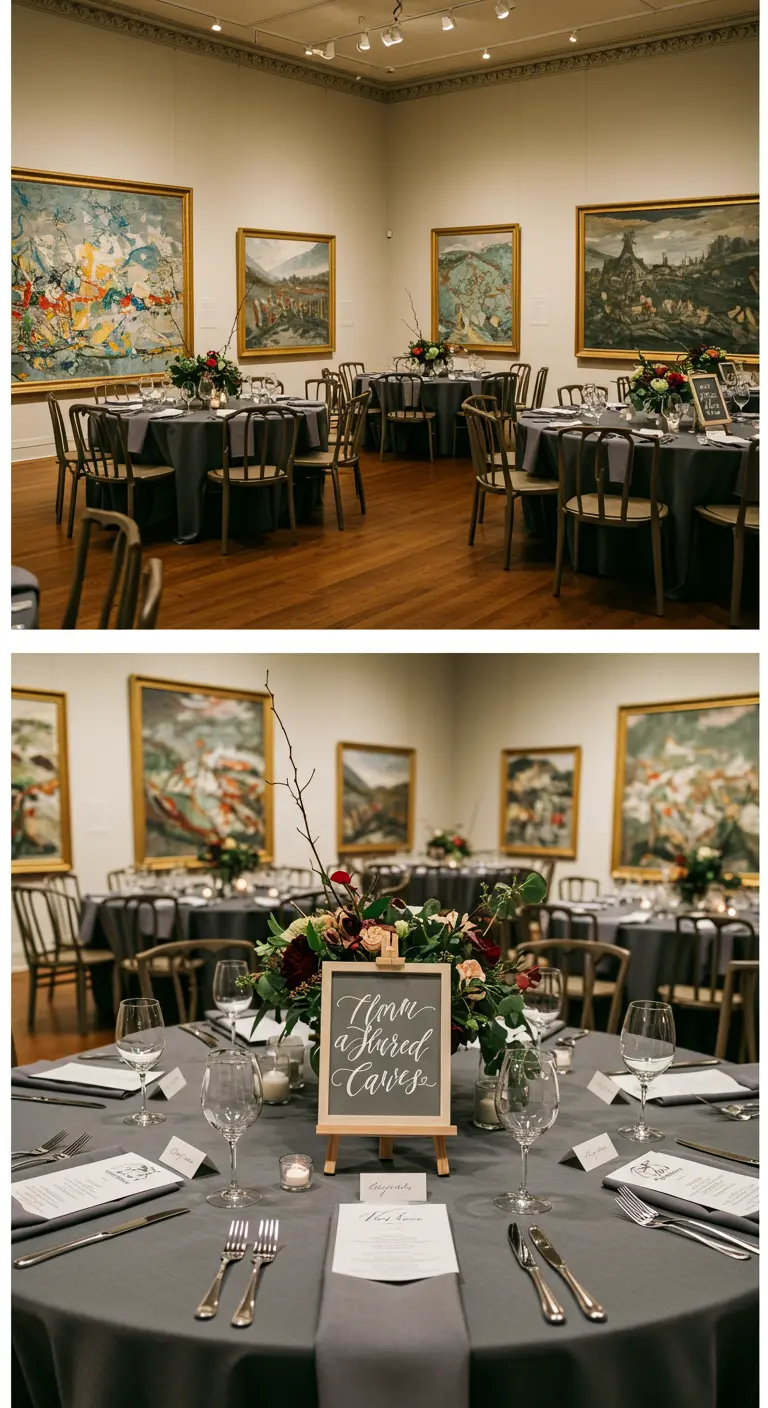 Ronde dinertafel in een kunstgalerie, met een bloemstuk en een klein ezeltje met tekst.