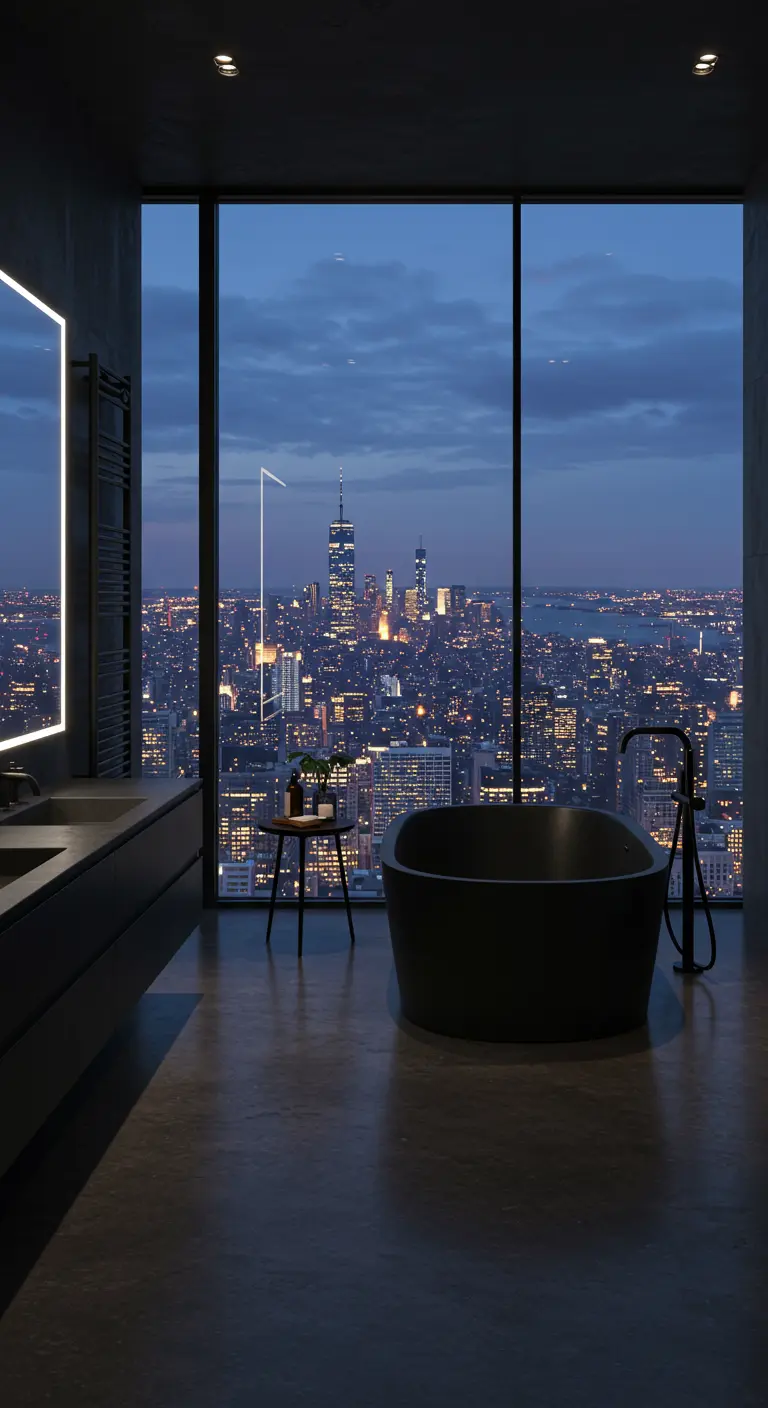 Donkere luxe badkamer met een zwart vrijstaand bad en een kamerhoog raam met uitzicht op de stad.