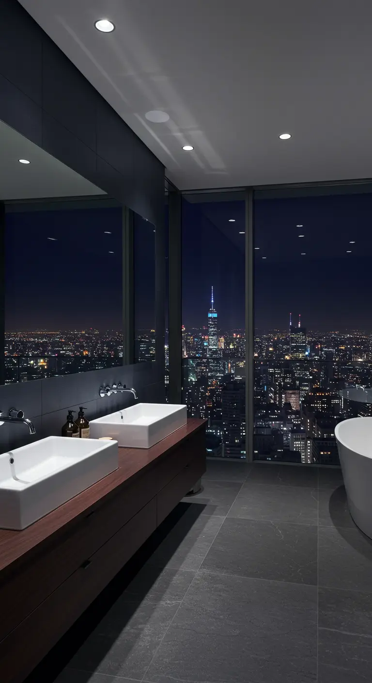 Moderne badkamer met donkerblauwe muren en een groot raam met uitzicht op een stad 's nachts.