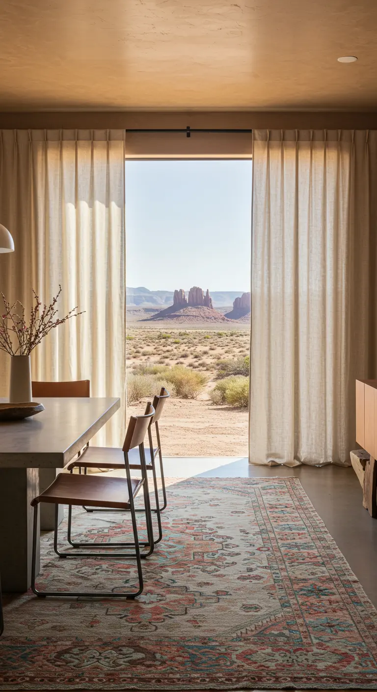 Eetkamer met linnen gordijnen die een spectaculair uitzicht op Monument Valley omlijsten.