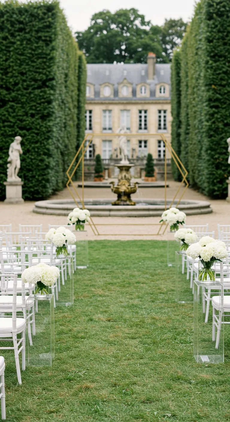 Ceremonie in een kasteeltuin met een strakke, gouden geometrische backdrop.
