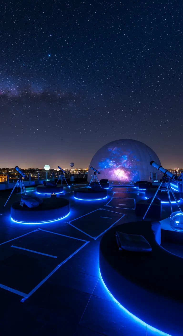 Dakterras met een verlichte geodetische koepel, blauwe LED-verlichting en telescopen voor een sterrenkijkfeest.