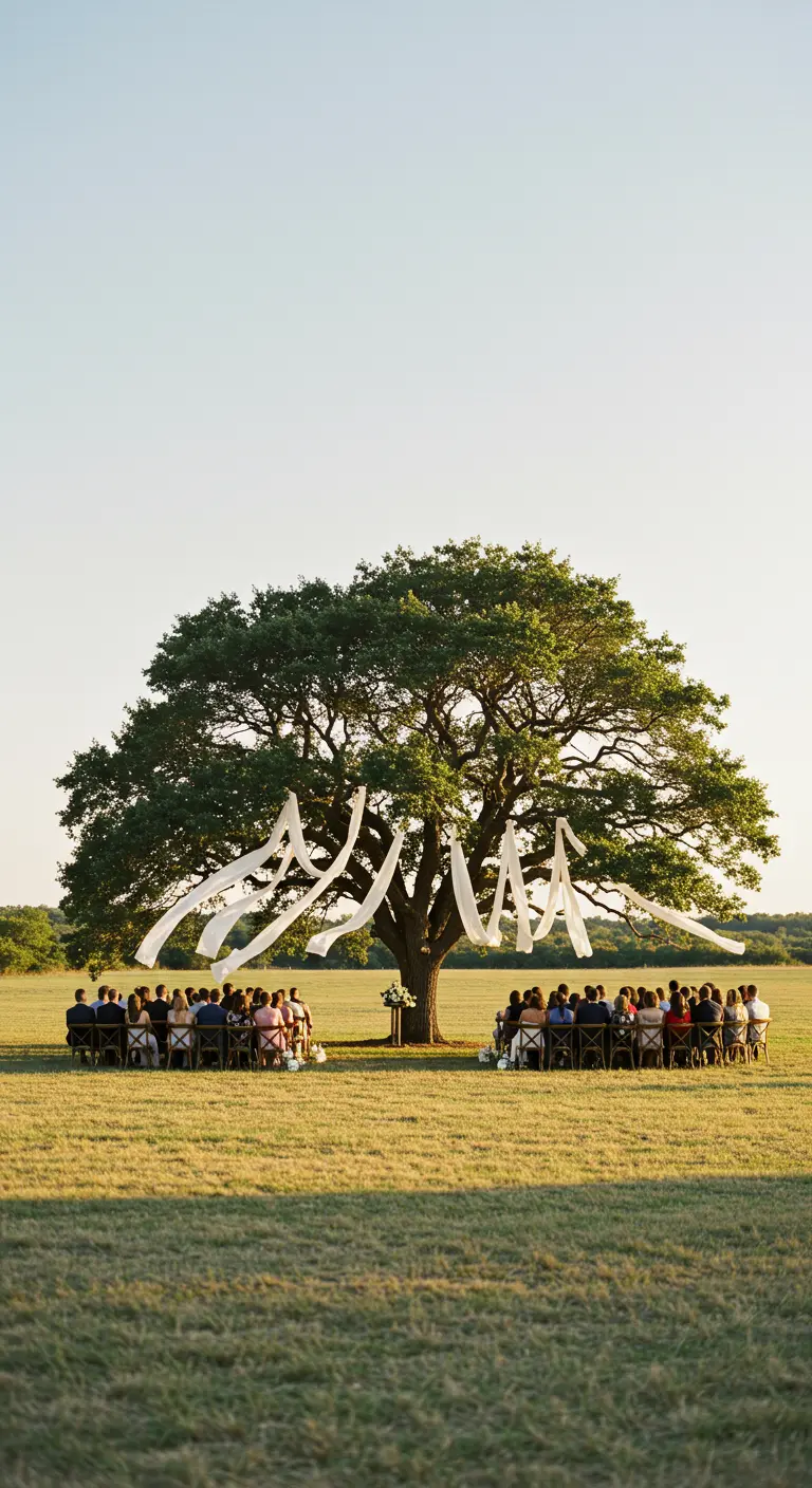 Ceremonie in een open veld onder een grote boom versierd met witte, wapperende doeken.
