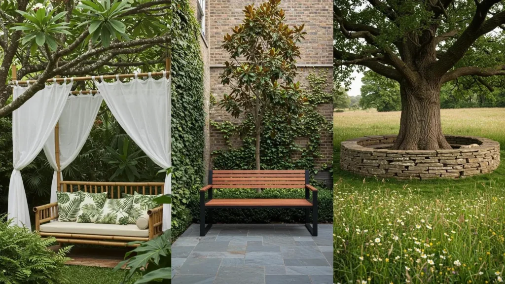 Knusse zithoeken in de schaduw: een boomzitje, tuinbank en dagbed onder groene bladeren.