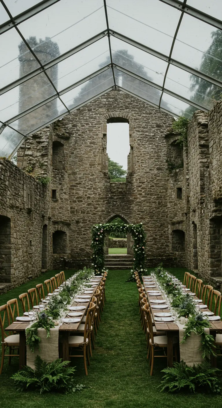 Bruiloftsdiner in een kasteelruïne, overdekt met een transparante tent.