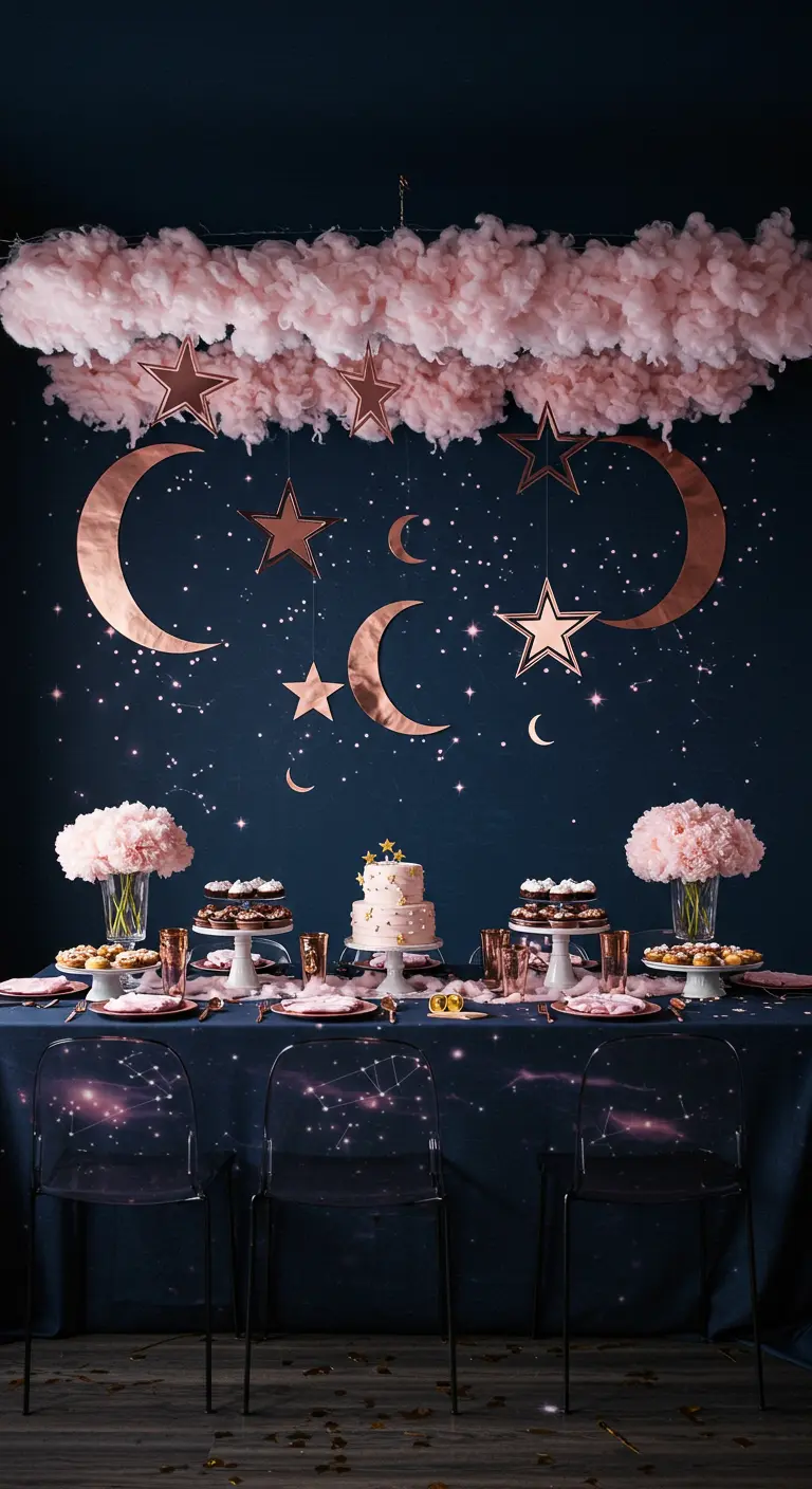 Desserttafel met nachtthema, roze wolk, en roségouden sterren en manen.