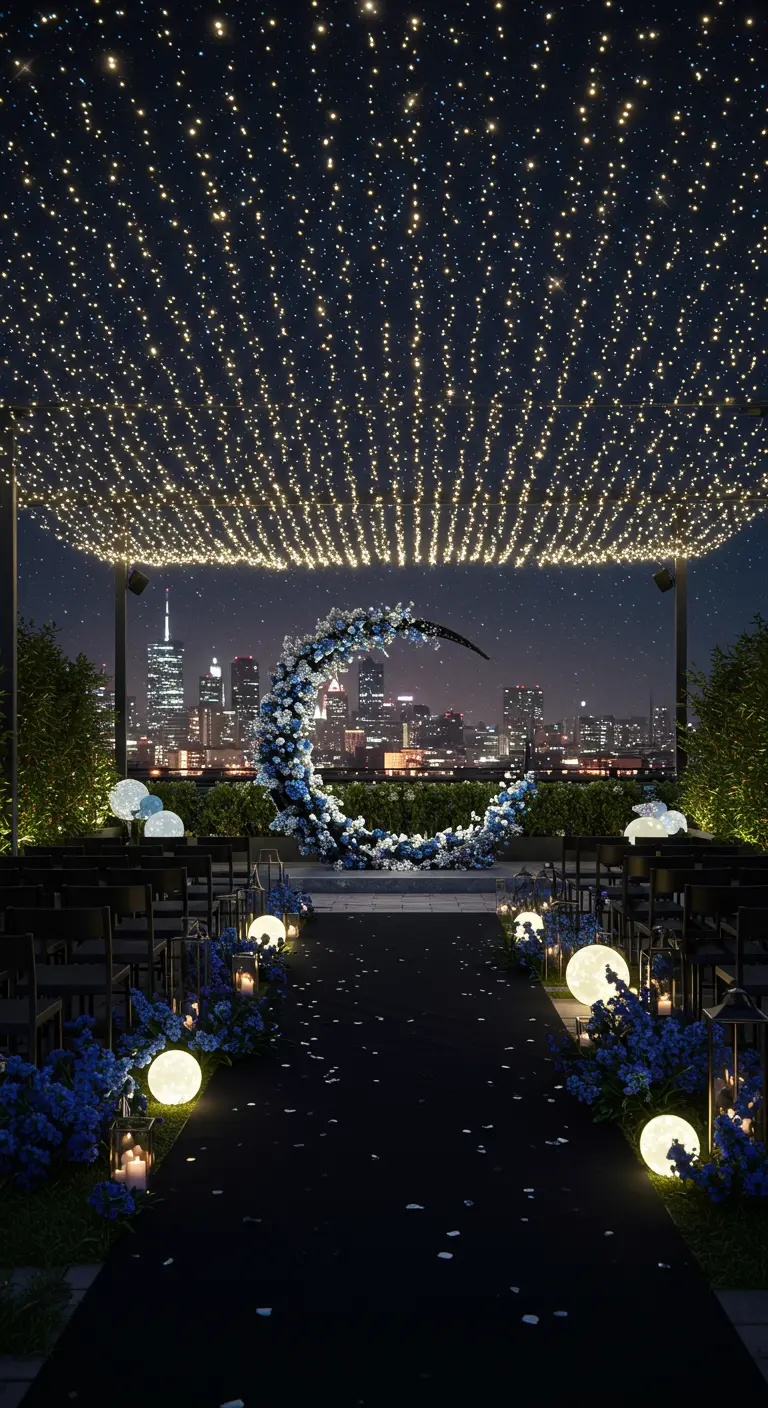 Nachtelijke dakterras ceremonie met een plafond van lichtjes en een altaar in de vorm van een blauwe bloemenmaan.