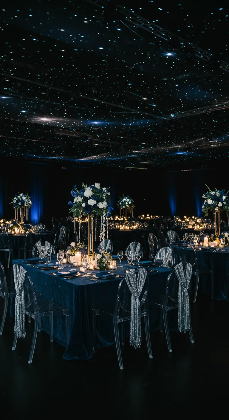 Dinerzaal met een sterrenhemelplafond, donkerblauwe tafelkleden en transparante stoelen.