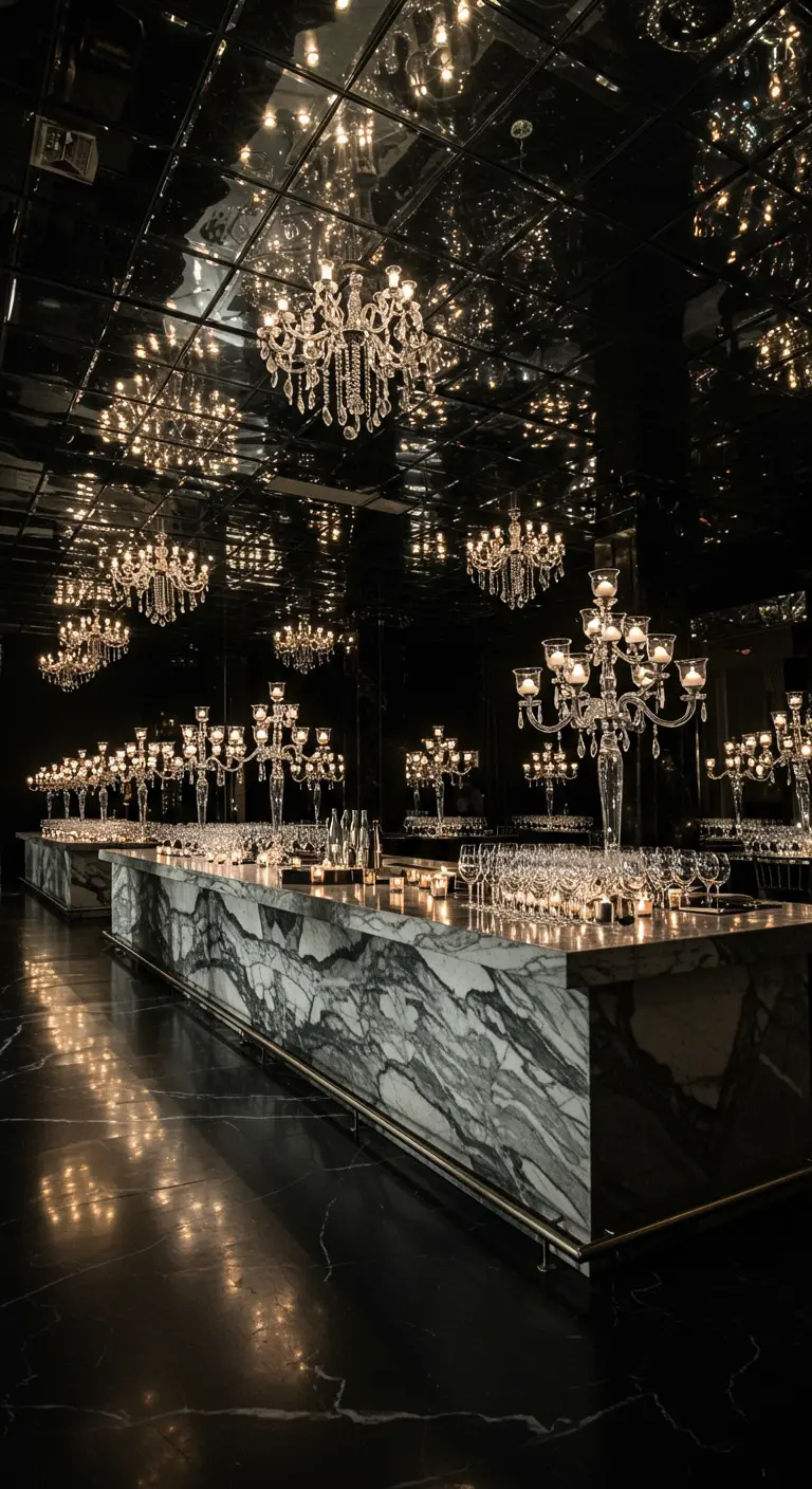 Donkere, luxe ruimte met een spiegelplafond dat kroonluchters reflecteert boven een marmeren bar.