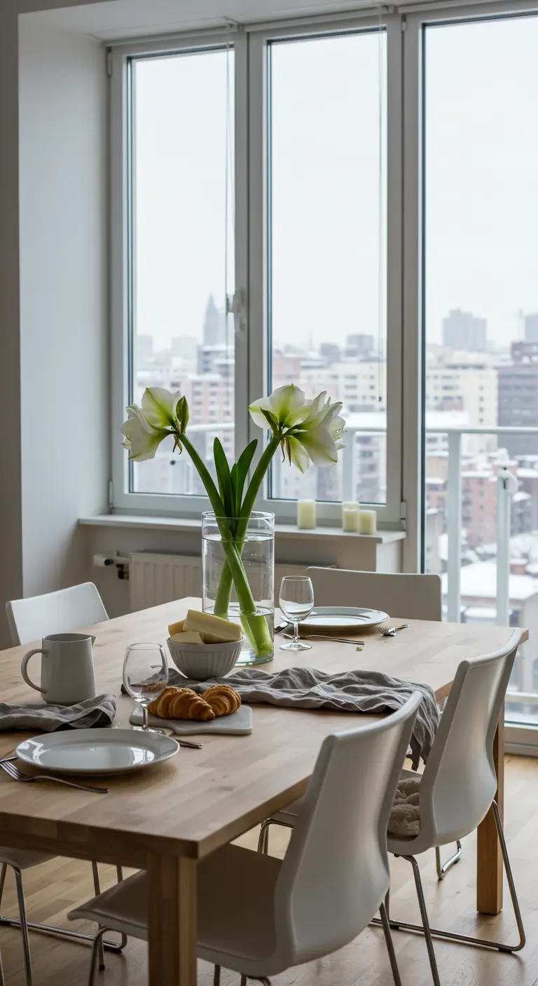 Ontbijttafel met croissants en bloemen bij een groot raam met uitzicht op de stad.