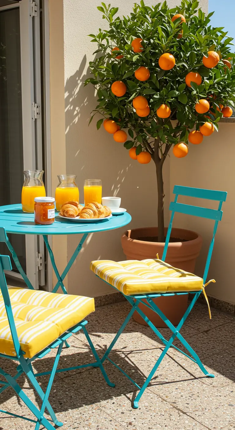 Ontbijt op een balkon met een turquoise set, gestreepte kussens en een sinaasappelboom.