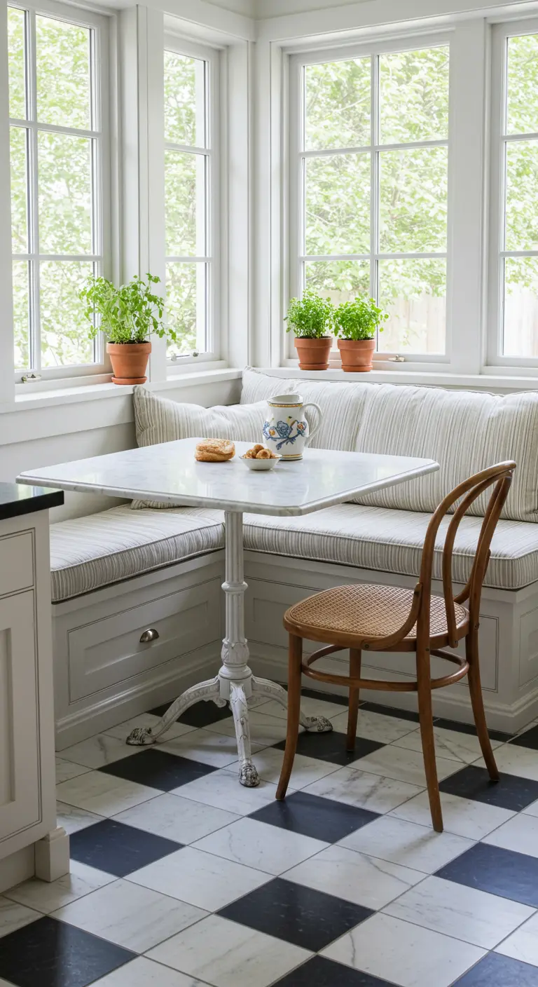 Ontbijthoekje met zwart-witte tegelvloer, marmeren tafel, houten stoel en ingebouwde bank bij het raam.