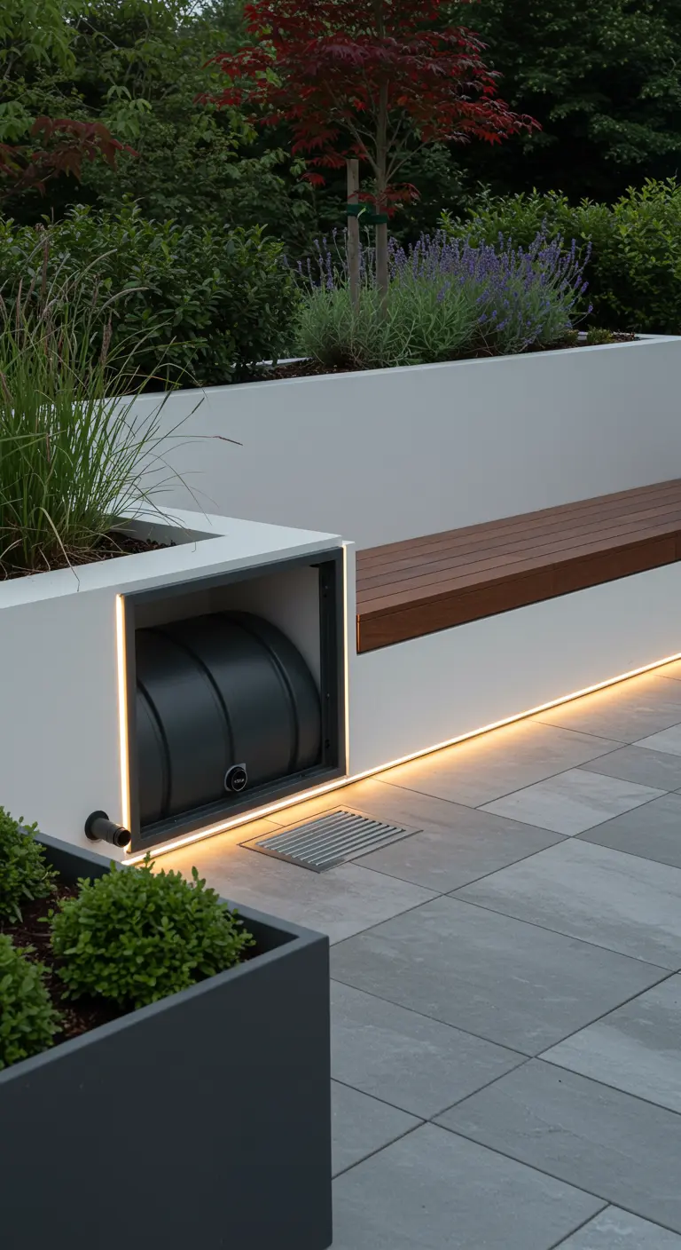 Horizontaal geplaatste regenton verborgen in een wit, verhoogd plantenbed met geïntegreerde bank en ledverlichting.