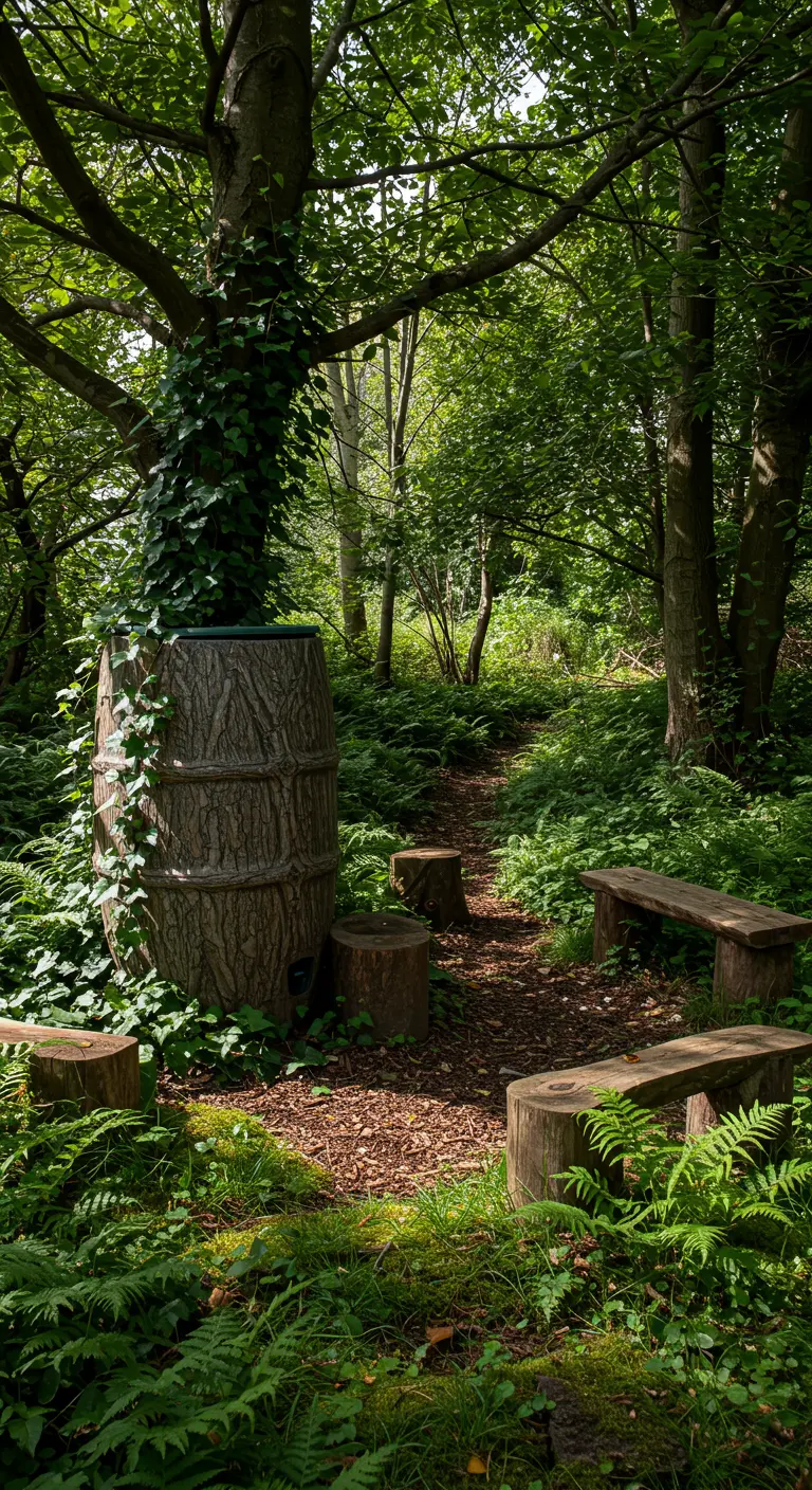 Regenton gecamoufleerd met boomschors, staand in een bosrijke tuin met boomstronkjes als zitplaatsen.